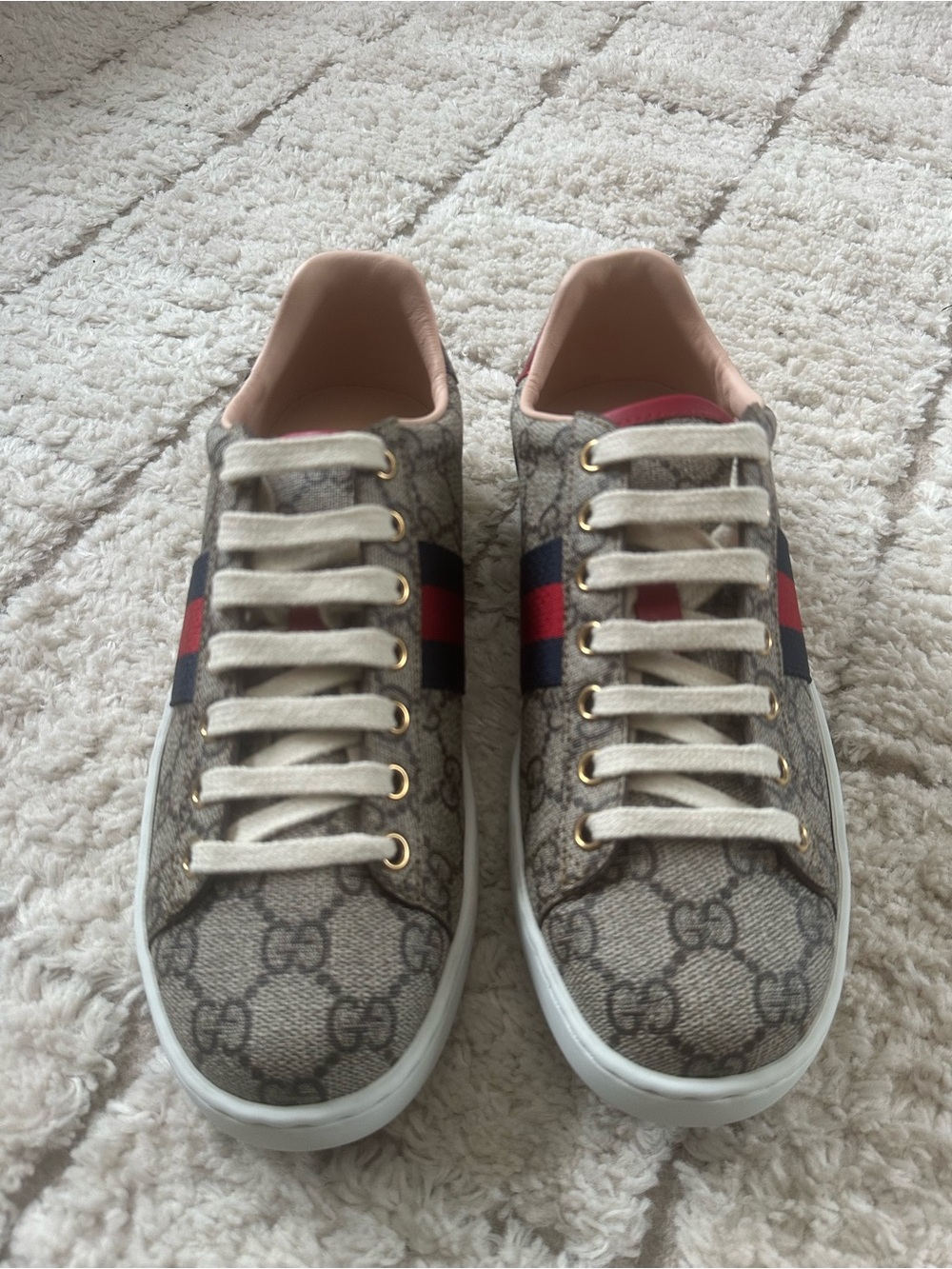 Gucci Beige Monogram Sneakers with Red and Blue Accents - Picture 9 of 10